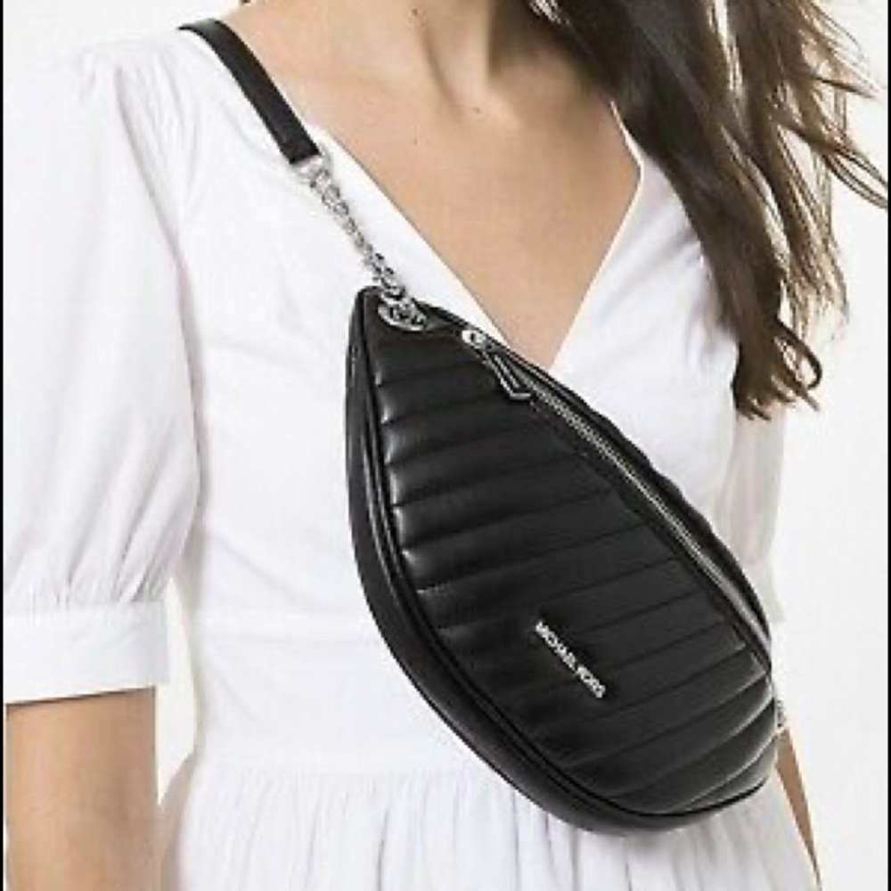 Michael Kors Peyton  Chain Belt Bag Quilted Crossbody Black Silver New With Tag